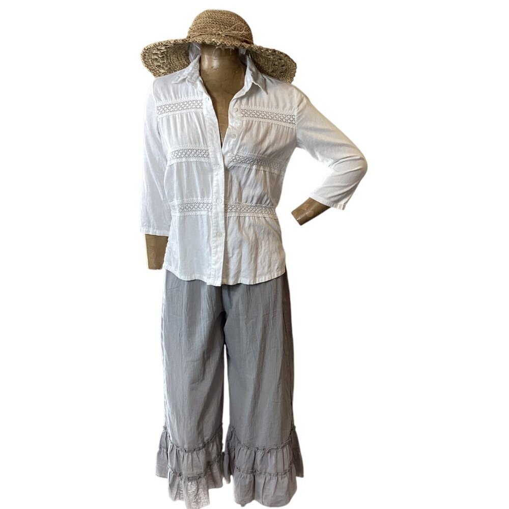 Beachy 3-Piece Set:‎ Crop Ruffle Pant Linen Button-Up Top Sz S Seagrass Hat 329A